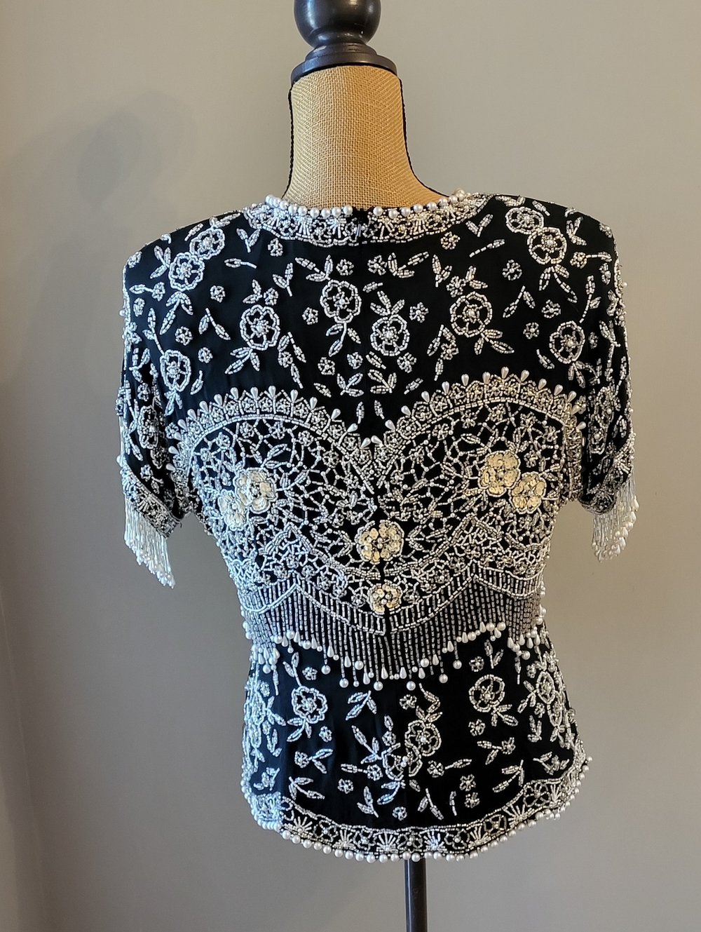 Oleg Cassini Black Tie Vintage 80s Black Silk Beaded Top Large - Picture 8 of 11